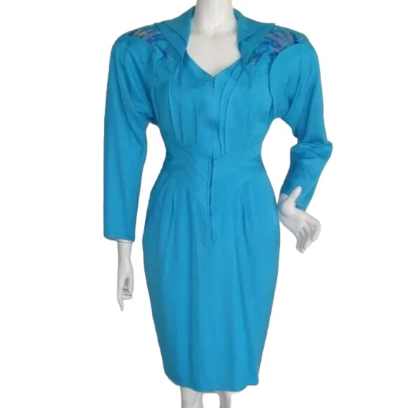 Avant Garde Dress, XS/S, VINTAGE, Aqua Blue, Statement Shoulders, Zip front, LS - Picture 1 of 15